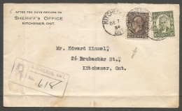 1934 Sheriffs Office Registered Cover 12c Medallion/Cartier CDS Kitchener Ontario - Storia Postale