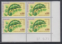 France N° 1692 XX Protection Nature : Caméléon En Bloc De 4 Coin Daté Du 27 . 9 . 71, Sans Charnière, TB - 1970-1979