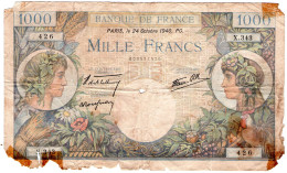 Billet De 1000 Francs 1940 France, Coin Inférieur Gauche Déchiré Recollé. Quelques Petites Déchirures Sur Les Bord, Trac - Chambre De Commerce