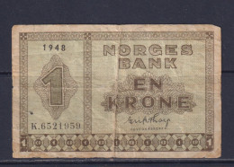 NORWAY  - 1948 1 Kroner Circulated Banknote As Scans (Small Tear Bottom Right) - Noruega