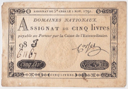 ASSIGNAT 5 (Cinq) LIVRES. Novembre 1791, Série 98J, CORTEZ. Grande Marges - Assignats