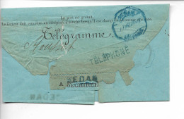 SEDAN Ardennes Cachet Bleu TELEGRAMME + Griffe Téléphoné 8/1892 Déchirures   ...     G - Telegrafi E Telefoni