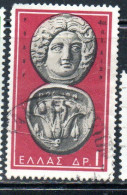 GREECE GRECIA ELLAS 1959 ANCIENT GREEK COIN HELIOS & ROSE 1d USED USATO OBLITERE' - Used Stamps