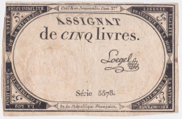 ASSIGNAT 5 (CINQ) LIVRES. Octobre 1793 (10 Brumaire An II), Série 5578, LOEGEL. BEL ÉTAT. - Assignate