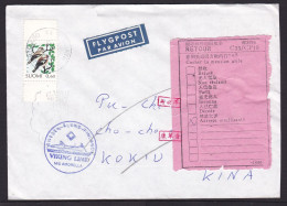 Finland: Cover To China, 1 Stamp, Bird, Ship Cancel Viking Line, Returned, Uncommon C33 Retour Label (traces Of Use) - Brieven En Documenten