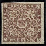 TERRE NEUVE - YVERT 15A - 5 PENCE BRUN PAPIER EPAIS * - 1857-1861