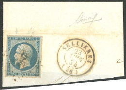 Retouche Delacourcelle. No 15e, Bleu Foncé, Obl Pc 2867 Sur Fragment Avec Cad Sellieres 23 Juin 54. - TB - 1853-1860 Napoléon III.