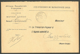 Lettre Cad "Carnot/Congo Français" Sur Avis D'émission De Mandat Poste Local Pour Brazzaville, Avec Arr. Au Verso, 1912. - Altri & Non Classificati