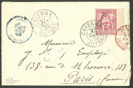 Lettre Cad "Cayenne/Guyane". No 14 Sur Enveloppe Pour Paris, 1892. - TB - Autres & Non Classés