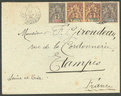 Lettre Cad "Pondichéry/Inde". Nos 1 + 2(2) + 5 Sur Enveloppe Pour Etampes, 1905. - TB - Sonstige & Ohne Zuordnung