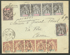 Lettre Cad "Inde/Pondichéry". Nos 1(bande De Quatre + Un) + 2 (bande De Cinq Dont Un Def) + 8 Sur Enveloppe Pour La Fère - Other & Unclassified