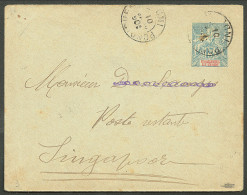 Lettre Cad "Pondichéry/Inde" Sur Entier 15c Bleu Pour Singapour, 1901. - TB - Other & Unclassified