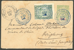 Lettre Cad Bleu "Manjakandriana/Madagascar" Sur Entier 5c Vert + 66 Sur Enveloppe Pour Haiphong, 1906. - TB - Autres & Non Classés