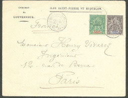 Lettre Cad "St Pierre/St Pierre Et Miquelon". Nos 62 + 63 Sur Enveloppe à En-tête Du Cabinet Du Gouverneur, Pour Paris,  - Other & Unclassified