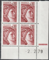 FRANCE 1965 ** MNH Type Sabine De David Bloc De 4 Coin Daté Du -2. 2.79 Févier 1979 + Barre Repère - 1970-1979