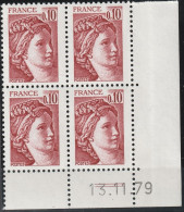 FRANCE 1965 ** MNH Type Sabine De David Bloc De 4 Coin Daté Du 13.11.79 + Deux Traits (1) - 1970-1979
