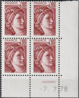 FRANCE 1965 ** MNH Type Sabine De David Bloc De 4 Coin Daté Du 7.7.78 + 2 Traits - 1970-1979