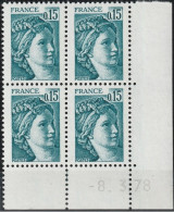 FRANCE 1966 ** MNH Type Sabine De David Bloc De 4 Coin Daté Du 8.3.78 - 1970-1979