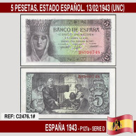 C2476.1# España 1943. 5 Pesetas. Estado Español. 13/02/1943 (UNC) P-127a - 1-2 Pesetas