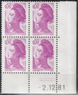 FRANCE 2184 ** MNH Type Liberté De Gandon Bloc De 4 Coin Daté Du 2.12.81 1981 + 2 Traits - 1980-1989