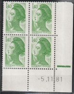 FRANCE 2186 ** MNH Type Liberté De Gandon Bloc De 4 Coin Daté Du 5.11.81 1981 + Repère Vert - 1980-1989