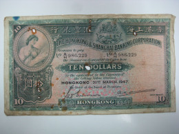 1947 Hong Kong Bank HSBC $10 Banknote , Poor - Hong Kong