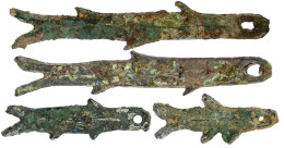 4 X Bronze-Fischgeld (sogen. "Yü Pi") Ca. 1045/221 V.Chr. Mittellinie. Längen 105, 105, 62 Und 52 Mm. Sehr Schön - Cina