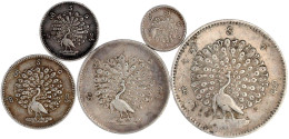 5 Silbermünzen: Pe, Mu Mat, 5 Mu, Kyat, CS 1214 = 1852 Pfau. Sehr Schön. Krause/Mishler 6,7,8,9,10. - Myanmar