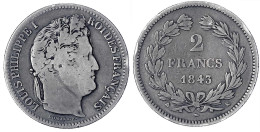 2 Francs 1843 K, Bordeaux. Schön, Selten. Gadoury 520. - Autres & Non Classés