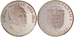 20 Balboas Großsilbermünze 1974 Simon Bolivar. 129,5 G. 925/1000. In Originalschatulle. Polierte Platte. Schön 40. Kraus - Panama