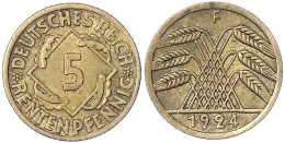 5 Rentenpfennig 1924 F, Mit Versetztem Doppelschlag Der Wertseite (besonders Markant Bei Der Umschrift). Sehr Schön, Sel - Andere & Zonder Classificatie