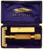 Rasierhobel Gillette Aristocrat. In Vergoldeter Metall-Box Inkl. Lederschutzhülle, Breite 8,5 Cm, Höhe 3,2 Cm, Tiefe 5 C - Sonstige & Ohne Zuordnung