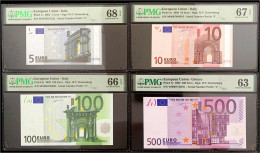 4 Scheine Zu 5, 10, 100 Und 500 Euro 2002. Länderbuchstaben: 3x „S“ (Italien) Und 1x „Y“ (Griechenland). Alle Mit PMG Gr - Otros & Sin Clasificación