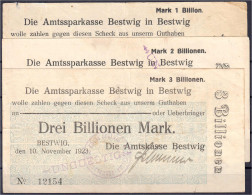 Amtskasse, 3 Scheine Zu 1, 2 Und 3 Bio. Mark 10.11.19232 III Bis III- Dießner. 056. - [11] Emissions Locales