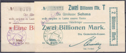 Gemeinde-Kasse, 1 U. 2 Bio. Mark 16. U. 26.10.1923. Schecks Auf Die Girokasse Sehma. II-III. Dießner. 662. 1,2. - [11] Emissions Locales