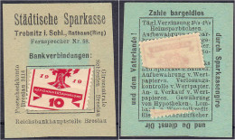 Städtische Sparkasse, 10 Pfg. O.D. (1920). Karton Mit In Schlitze Gesteckter Briefmarke. I- Tieste 7400.20.01. - [11] Emissioni Locali