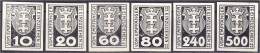 10 Pf. / 500 Pf. Kleines Wappen Von Danzig 1921, Sechs Schwarze Probedrucke Auf Papier Ohne Wasserzeichen, Ungezähnt, Si - Autres & Non Classés