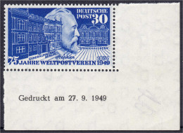 75 Jahre Weltpostverein (UPU) 1949, Postfrische Erhaltung, Rechte Untere Bogenecke Mit Druckdatum ,,27.9.49". Mi. 220,-€ - Autres & Non Classés