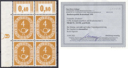 4 Pf. Posthorn 1951, Postfrischer Luxus-Viererblock Aus Der Linken Oberen Bogenecke, Mit Druckerzeichen. Fotobefund Schl - Autres & Non Classés