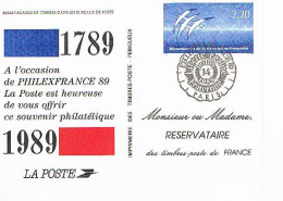 1789/1989 - 14/7/1989  - Philexfrance S/ Timbre Oiseaux De FOLON 2.20 Bleu Thème Révolution Française - Pseudo-entiers Officiels