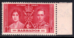 Barbados 1937 KGV1 1d Coronation Scarlett Umm SG 245 ( H693 ) - Barbados (...-1966)