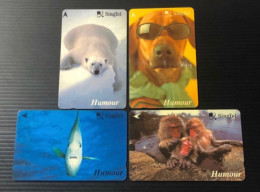 Singapore Telecom Singtel GPT Phonecard, Polar Bear, Dog, Fish & Monkey, Set Of 4 Used Cards - Singapore