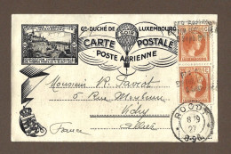 !!! LUXEMBOURG, CARTE POSTALE ILLUSTRÉE PAR AVION DE 1927 POUR LA FRANCE, CACHET DE ROODT - Storia Postale