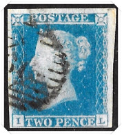 SG 14 Queen Victoria - 2d Blue - Imperf - I-L - 4 Margins Used - Used Stamps