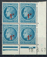 791 France Cérès Mazelin 1,30 F. Bleu Surchargé 1 F. En Rouge Coin Daté 18-6-1947 Luxe - 1945-47 Ceres Of Mazelin