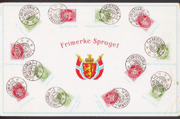 1916. NORGE. Postkort Motive: Frimerke-Sproget Med 5 And 10 ØRE POSTHORN In Different Positions And With E... - JF542170 - Briefe U. Dokumente