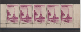 France Vignette Paris Tour Eiffel En Bande De 5 ** MNH Petite Trace Coin Droit - Tourism (Labels)