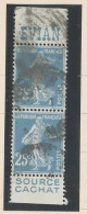 BANDE PUB -N°140 -SEMEUSE CAMÉE TYPE II Obl - 25 C BLEU  -PAIRE VERTICALE- EVIAN  ( MAURY 15b )) - Used Stamps