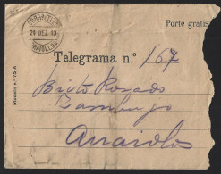 'Porte Gratis' Telegram Envelope, Obliteration Of Arraiollos In 1913.Envelope Telegrama 'porte Gratis', Marca Arraiollos - Covers & Documents
