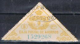 Sello Fiscal, Caja Postal De Ahorros  5 Pts, Color Amarillo, Triangular Grande º - Fiscaux